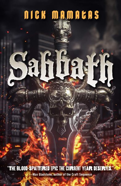 Book cover with a flaming sword with skulls on it, titled SABBATH